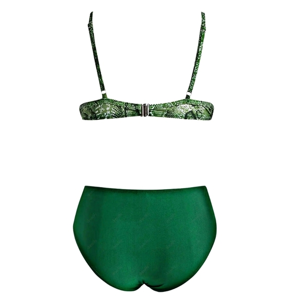 Snake Print Bikini Set – Green Colorblock, Adjustable Push-Up Top, Full Coverage - Picture 7 of 13